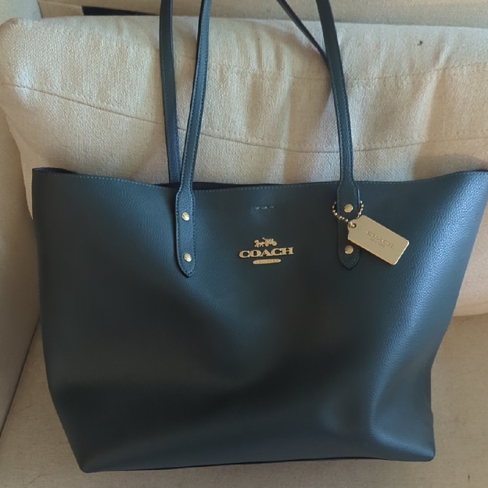 Coach Pebbled Leather Tote Bag - Green with Gold Hardware